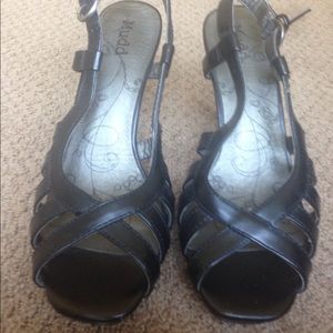Women's mudd black leather open high heels 6.5
